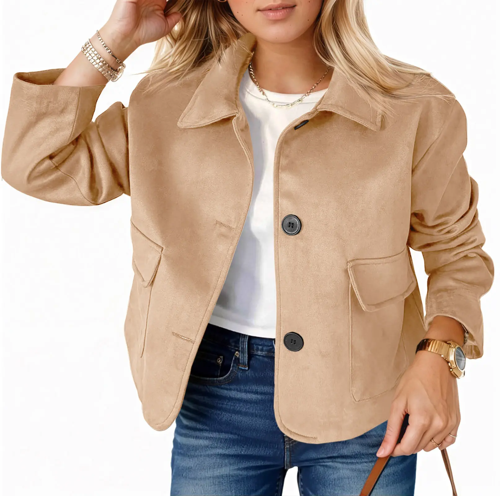 TANKANEO Women's Casual Faux Suede Jacket, Vintage Long Sleeve Cropped Button Down Shacket Outerwear