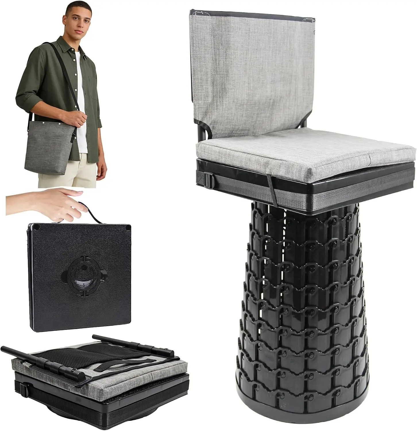 2026 Upgraded Collapsible Stool with Backrest, Cushion & Bag, Portable Telescopic Stool Heavy Duty Load Capacity 1000lbs, Square Folding Chair for Camping Gardening Fishing Hiking BBQ