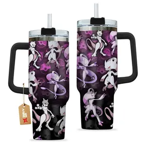 STORMMECH- MewTwo 40oz Handle Tumbler – PKM Stainless Steel Travel Mug, Anime Inspired Vacuum Insulated Cup, Large Iced Coffee Tumbler, Manga Fighter Drinkware, Otaku Gift for Him Her