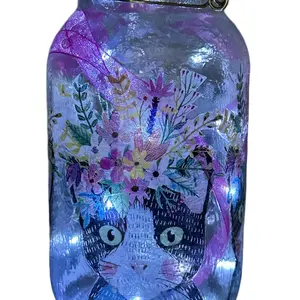 Mason Jar Solar Fairy Light Lantern Cute Cat in the Flower Garden  Quart size