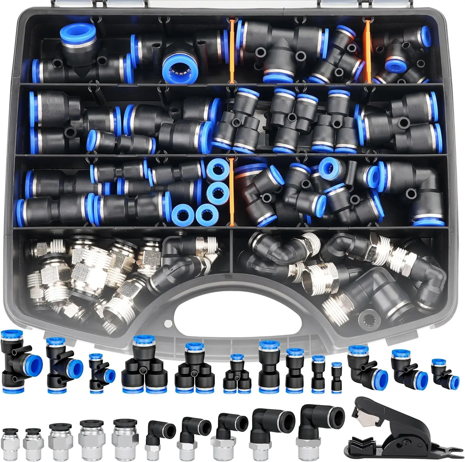 60 count Push to Connect Fittings 1/8, 1/4, 3/8, 1/2 for Air Line Tube, Quick Connect Air Hose Fittings