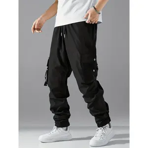 【Plus Size】 Solid Flap Pocket Cargo Pants, Casual Street Regular Fit Trousers for Men, Woven Bottoms for Summer