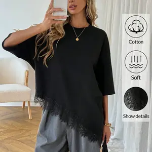 Women's Casual Basic Plain Asymmetrical Hem Lace Patchwork Round Neck T-Shirt, Spring Summer Cotton Top, Loose-Fitting Short Sleeve