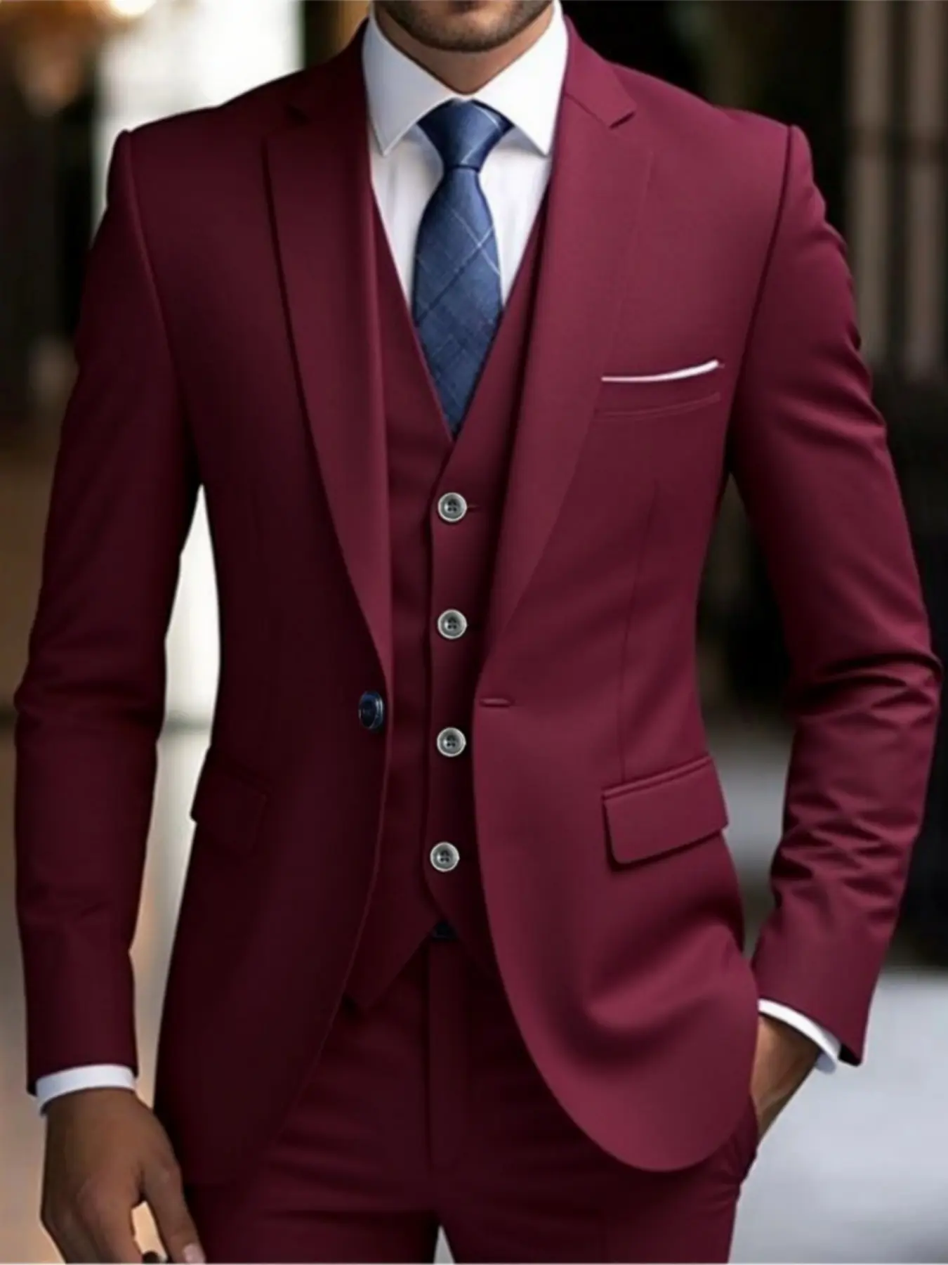 Men's three-piece business suit, fashionable solid-color wedding dress, groom and best man's suit, coat + vest + pants, suitable for weddings and formal social banquets. Male professional commuting wear, high-end office attire, Long Sleeve