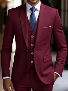 Men's three-piece business suit, fashionable solid-color wedding dress, groom and best man's suit, coat + vest + pants, suitable for weddings and formal social banquets. Male professional commuting wear, high-end office attire, Long Sleeve