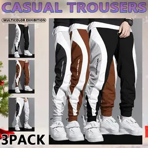 3 pack Men's Regular Fit  Splicing color Drawstring Waist Sweatpants, Casual Pocket Design Pants for Fall & Winter, Men's Trousers for Daily Wear