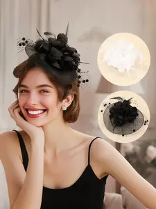 Fascinators Hat for Women, Tea Party Hat with Floral and Feather Clip, Bridal Wedding Cocktail Headband with Veil Accessory