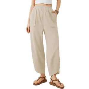Womens Waffle Knit Elastic Waist Pocket Wide Leg Tapered Pants for Women, Casual Comfy Lounge Pants