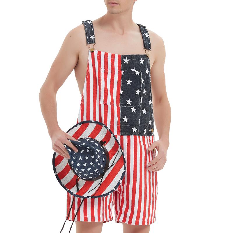 OPDNBON American Flag Overalls Men and Women Stretch Denim Bib Shorts USA 4th of July Outfit with Zipper