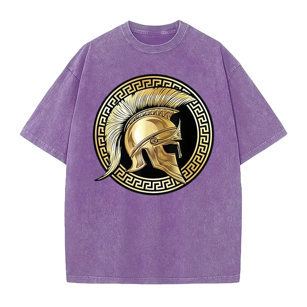 Golden Spartan Helmet Greek Key Circle Graphic Tee, Ancient Greece Gladiator Retro Men Short Sleeve T-Shirt, History Lover Gym Casual Top