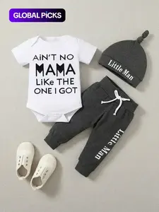 Baby Boys Short Sleeve Letter Print Romper and Long Pants Set with Hat, Outfits, Newborn Gift Set, Stylish Infant Clothes for Summer, Comfortable Baby Clothing
