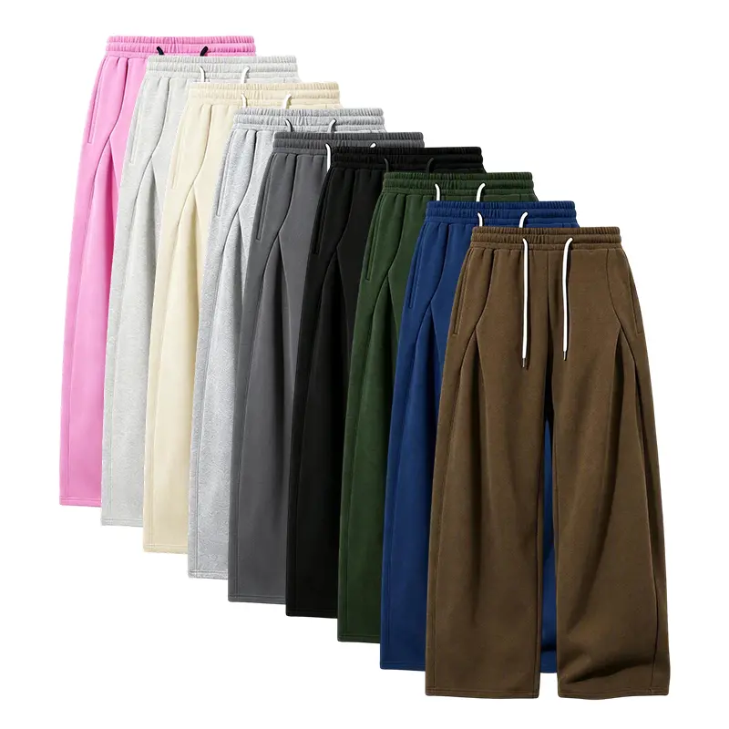 Korean-style relaxed unisex knit sweatpants with wide legs, featuring a wide-leg cut and handcrafted pleat detailing on the front panel; solid colors available; drawstring waist; suitable for everyday commuting, urban exploration, relaxing at home, and li