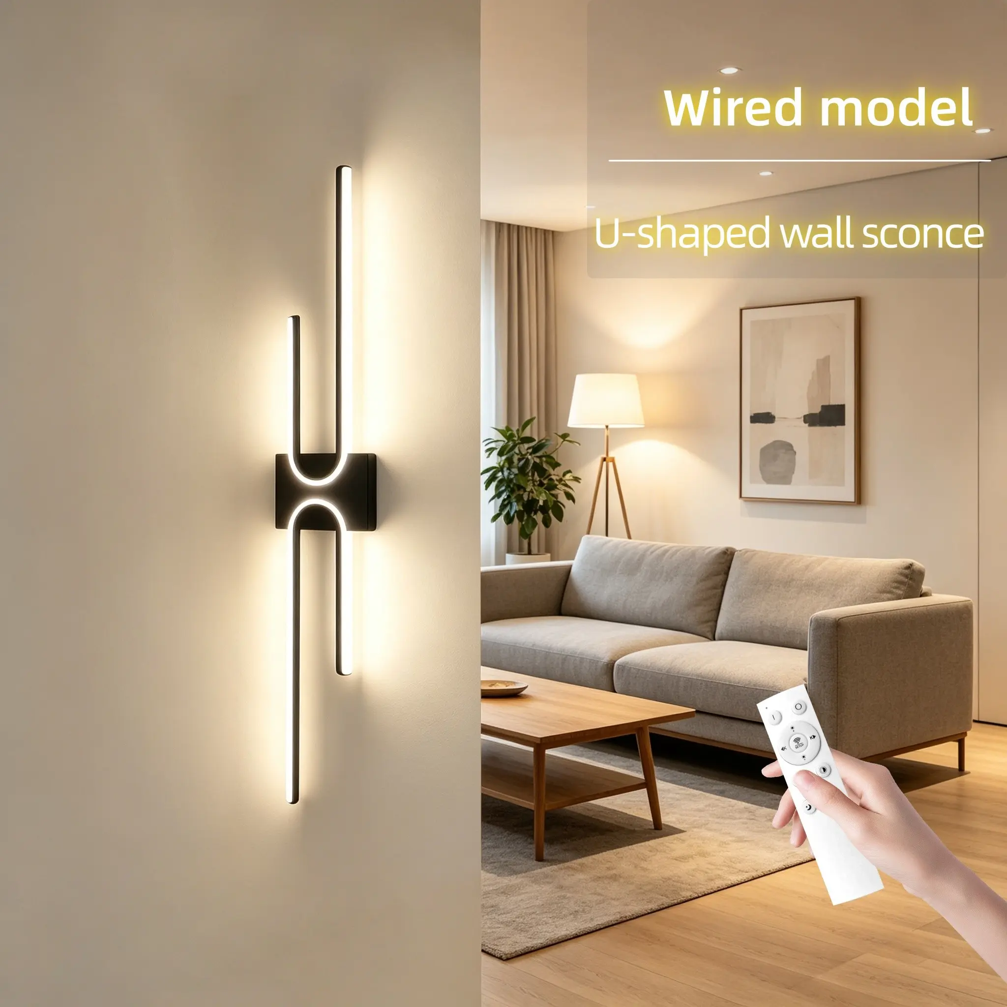 Modern LED wall sconce with a U-shaped design, featuring dimmable warm white light. Available in 100cm and 50cm lengths, with indoor wiring. Ideal for home lighting in bedrooms, bedside areas, and hallways. Decorative Wall Light Led Wall Lights