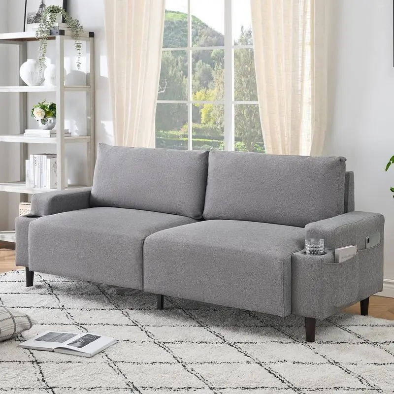 80.7" Modern Square Armrest Cushioned Sofa with Storage Bag and Cup Holders, Small Couch Mid Century for Living Room, Apartment and Office,Grey