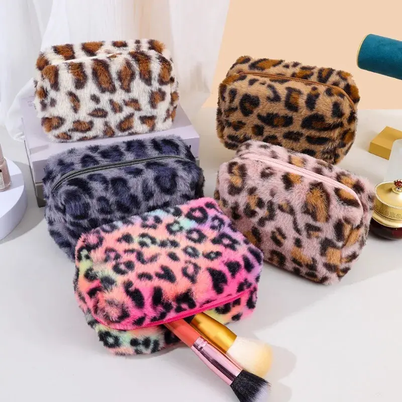 Leopard Print Soft Plush Cosmetic Bag handmade makeupbag