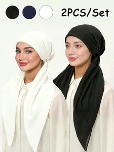 2pc Women's Summer Headscarf, Soft Hijab, Turban Hijab, Plain Color, Fringe Design, Breathable, Sun Protection, Modest Style, Evening Wear
