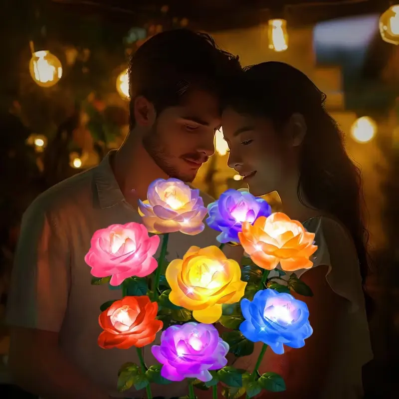 1pc 7-Head Solar Illuminated Rose Lights, Outdoor Valentine's Day Solar Garden Lights, Solar Flower Lights Outdoor Lights for Garden Yard Pathway Patio, Valentine's Day Decoration, Garden Decorative Lighting, Solar Landscape Lights, Solar Garden Lamps