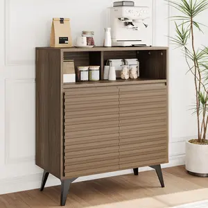 Fluted Storage Cabinet, Sideboard Buffet Cabinet with Storage & Adjustable Shelves for Living Room, Kitchen, Entryway, Nut-Brown, 2pcs