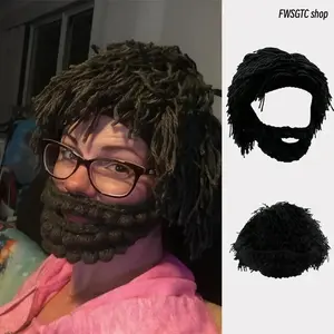 2026 Viral Trendy Punk Knit Hat With Integrated Wig & Beard, Handmade Stretchy Thermal Full Coverage Winter Cap, Funny Caveman Design for Cosplay & Daily Winter Outfits
