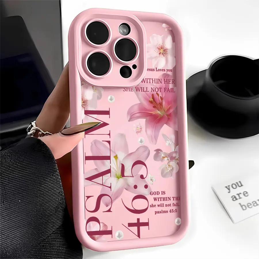 Pink Lily Flower Bible Verse Silicone Protective Casing for iPhone (17 Pro Max,16,16e,15,14 Plus,13,12 Mini,11,Air,X,XS) - 2D Printing, Lens Protection, Shockproof Durable Soft Cover, Smartphone Cellphone Handheld Devices Accessory, Gift Option, Accessori