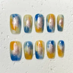 [Sunset Lagoon] Medium Coffin Acrylic Handmade Press on Nails, Fake Nails with Nail tool kit with Jelly Stickers, Reusable, Durable
