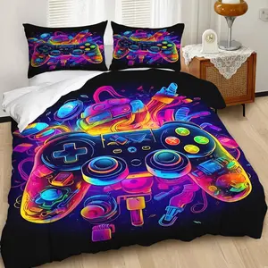 Vibrant Neon Gaming Duvet Cover Set, Futuristic Controller Design Bedding Set, Eye-Catching and Stylish Bedroom Décor for Gamers, Soft and Comfortable, Ideal for Modern Spaces, Contains 1 duvet cover, 1 or 2 pillowcases (without filling)