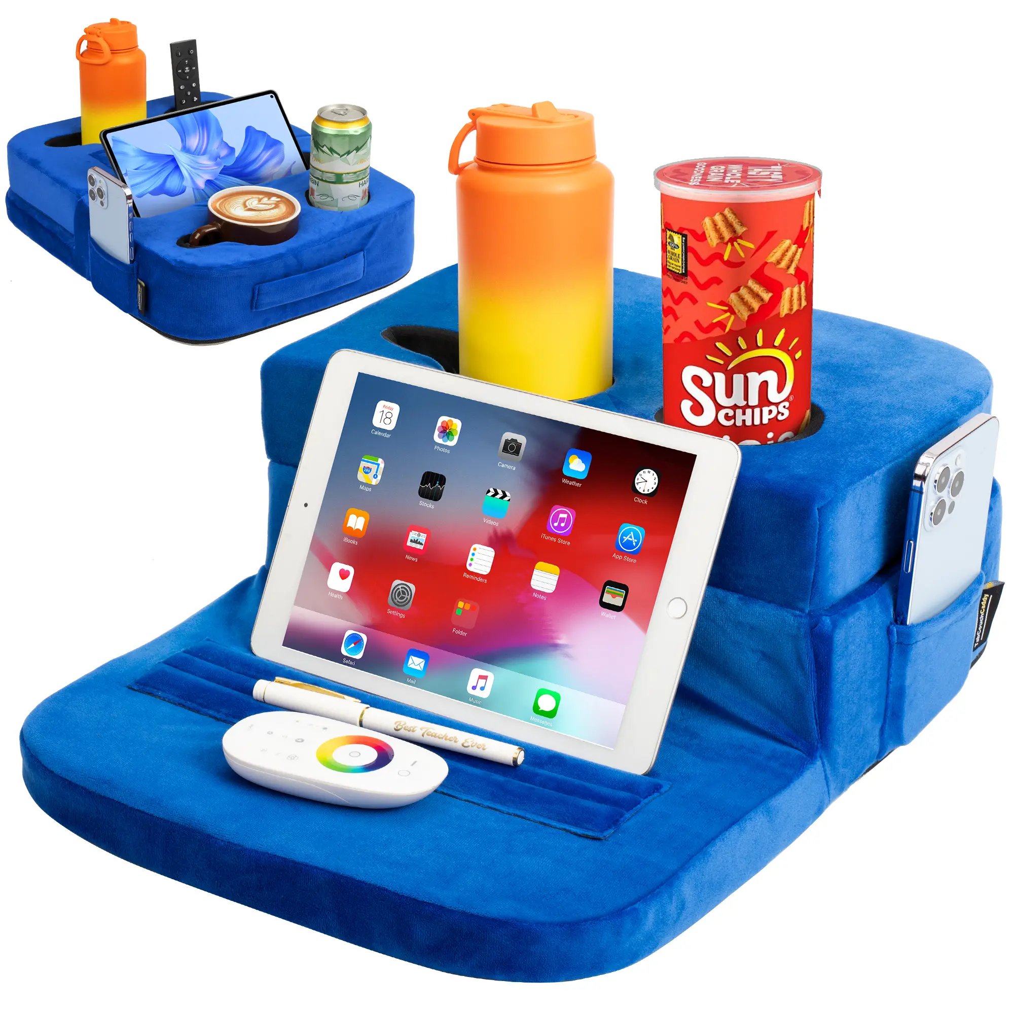 TabCouchCaddy - Couch Cup Holder Tray & Tablet Pillow Stand - Bed, Couch Caddy, Sofa, RV & Car - Holds Drinks, Snacks, Remotes, Phones, Tablet - iPad, Galaxy Tab Compatible | Bed Cup Holder (Blue)