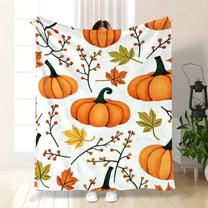 1pc Cozy Autumn Pumpkin Flannel Blanket |   Decorative Bedroom Shawl, Versatile Warm Bedspread, All Seasons, Suitable Couch And Car Use, Single Or Double Dorm, Multiple Sizes, Birthday And Gifts
