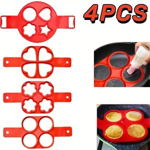 Non-stick Pancake Mold Silicone Baking Mold Fried Egg Mold in 4 Shapes, Frying Pan Cake Mold Round Heart Shaped Star Baking Mold