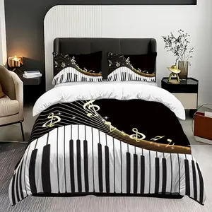 Piano & Note Pattern Bedding Set, 1 Count Bedspread & 2 Counts Pillowcase without Filler, Soft Comfortable Bedding Set for Home Bedroom