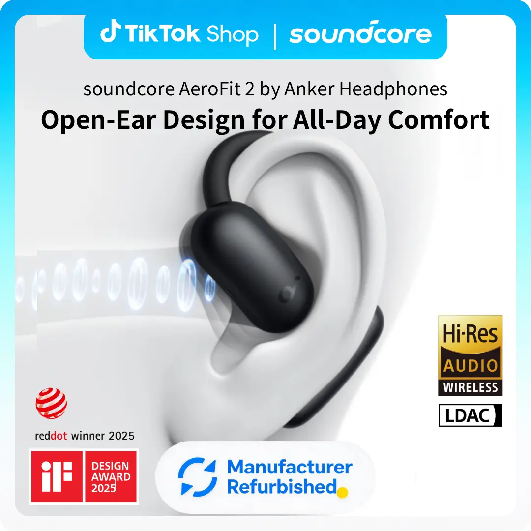 [Refurbished]soundcore AeroFit 2 by Anker, Open-Ear Headphones, 4 Adjustable Positions for Every Ear Size, 2× Richer Bass, Hi-Res, 42H Playtime, Clear Calls, IP55, Wireless Charging