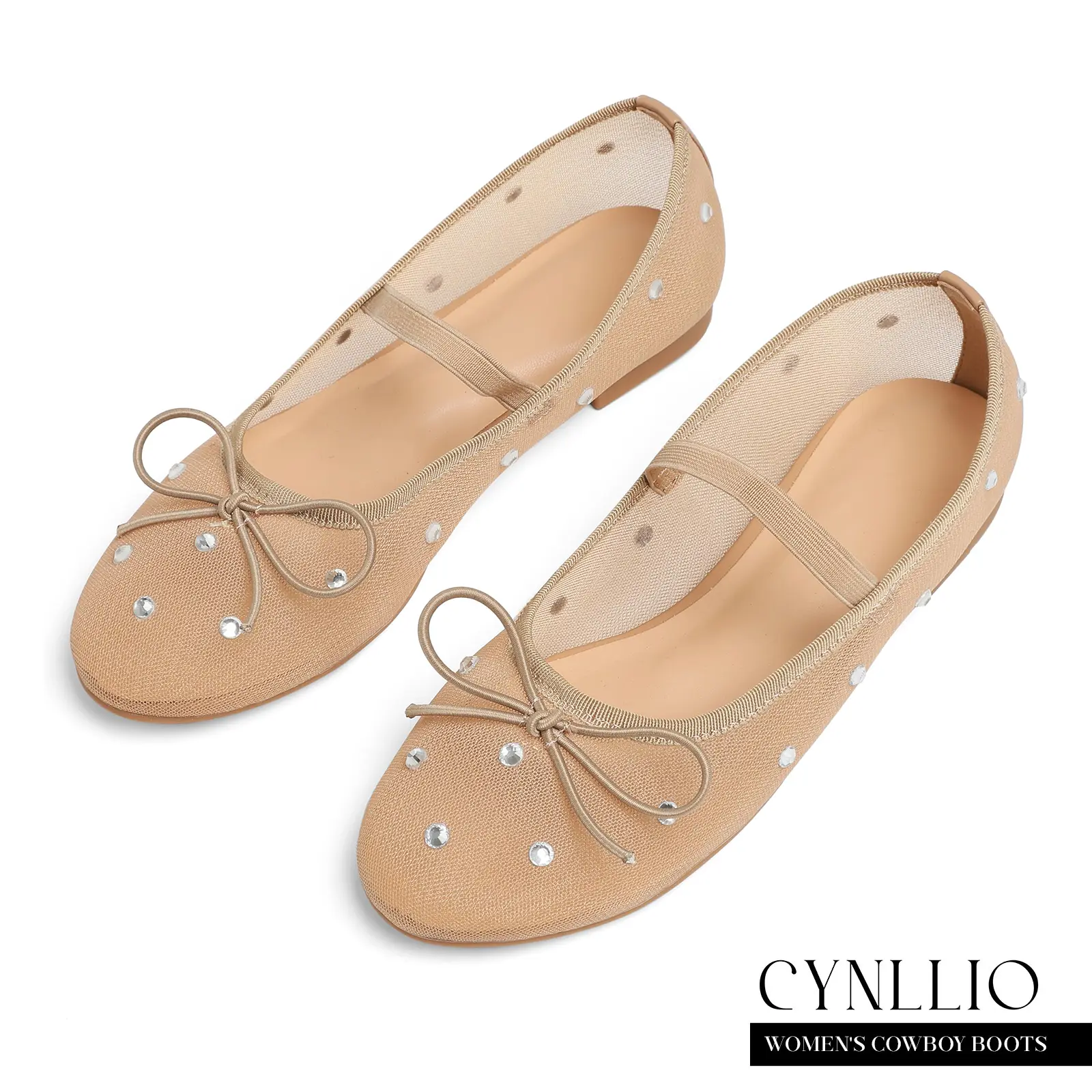 CYNLLIO Womens Mesh Ballet Flats Rounded Toe Bow Tie Ruffles Pearl String Bead Buckle Strap Mary Janes Flats Glitter Rhinestone Ballerina Flat Shoes  Slip On Comfy Casual Office Shoes Summer