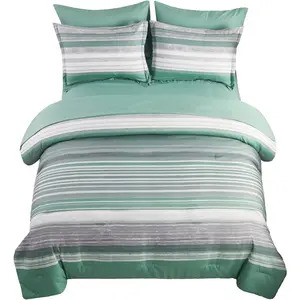 7 a Bag Stripe Comforter Full Size, White Grey Sage Green Patchwork Striped Comforter and Sheet, Microfiber Complete(Green,Full)