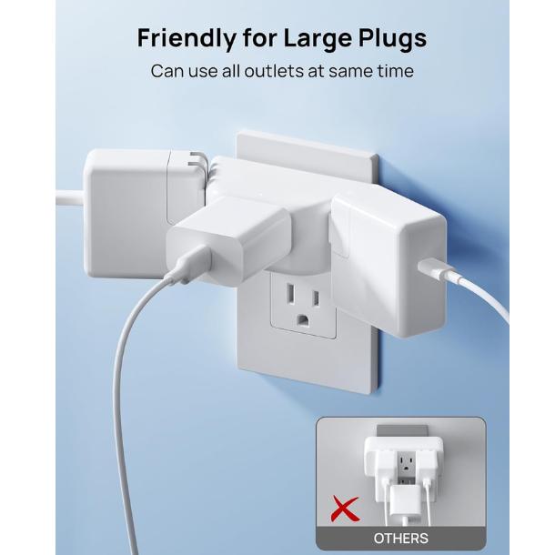 Multi Plug Outlet Extender 2 Pack - Electrical Wall Splitter, 3 Way Angled Wall Outlet Adapter, Cruise Essentials, Small Multiple Plug Expander for Cruise Ship Home Office Dorm Room, White
