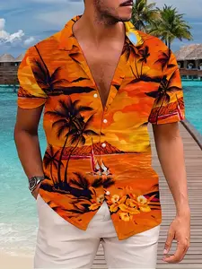 Men's casual and fashionable short sleeved shirt, summer personality, orange yellow gradient, Bahamas sunset, coconut trees, flowers, fully printed fabric, comfortable and breathable, beach vacation, travel trend top