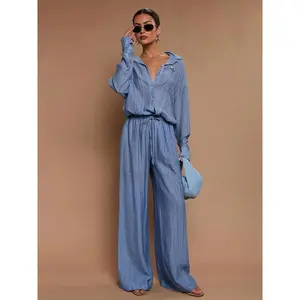 Women's Casual Loose-Fit Blouse Set, Spring & Fall Woven Fabric, Drawstring Waist Design, Striped Pattern, Regular Length Top & Pants