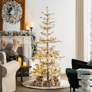 Glitzhome 6ft/7ft/9ft Deluxe Pre-Lit Flocked Slim Fir Artificial Christmas Tree with Warm White Lights,3 Function