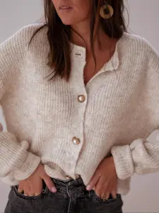 Women's Elegant Beige Cardigan with Pearl Buttons, Soft Long Sleeve Knit Sweater for Office & Date, Ladies Chic Crew Neck Jumper Knitwear