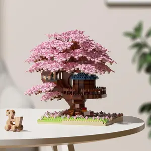 Cherry Blossom Tree House Design Flower Building Blocks Set, Creative DIY Tabletop Decorations, Romantic Gift for Girlfriend, Home Decoration, House Building Kit