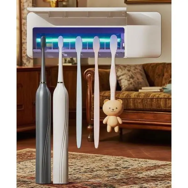 Wall-Mounted Waterproof Toothbrush Holder - Rechargeable 2000mAh Battery, Cordless Bathroom Organizer, White Design, Automatic Sanitizing Function, Built-In Timer
