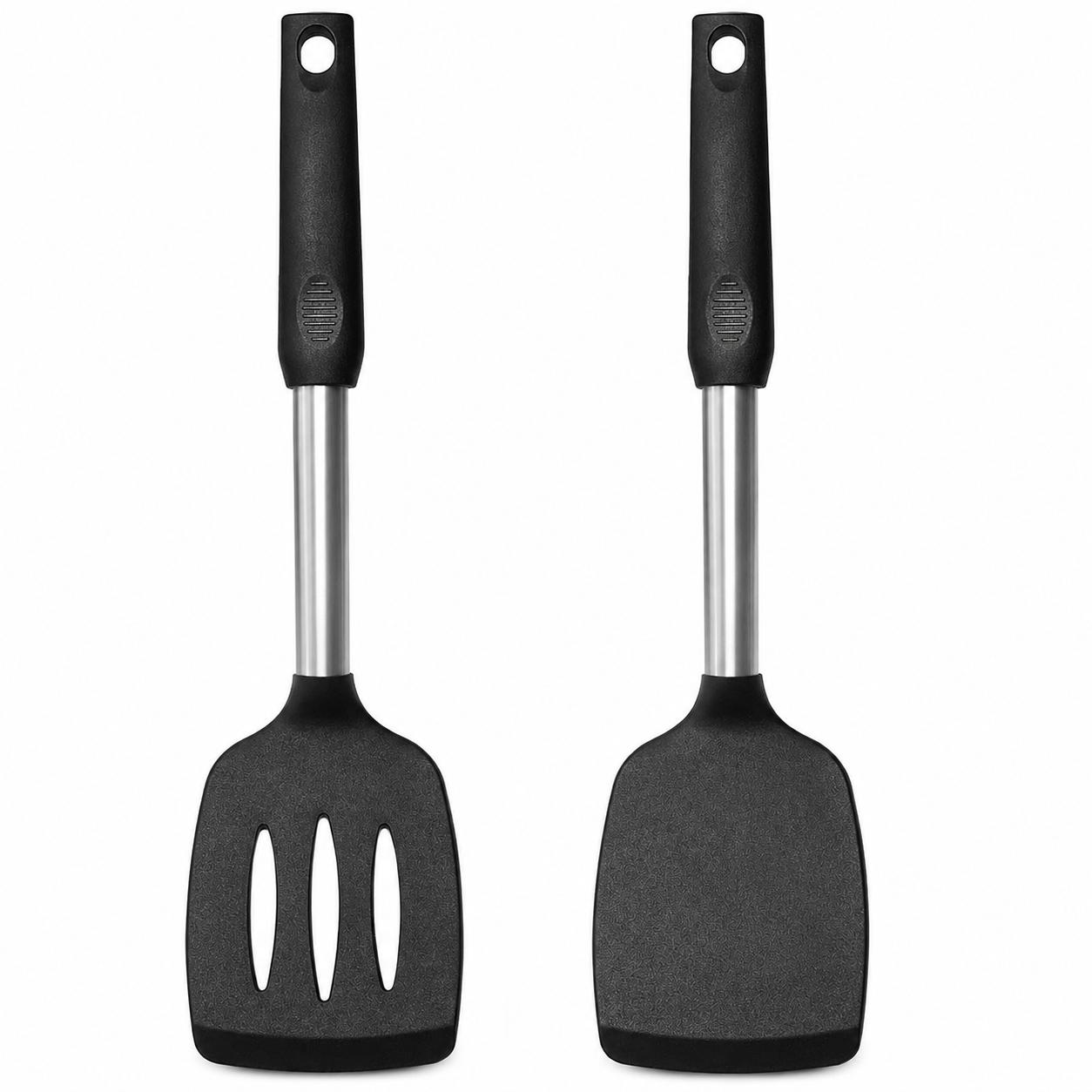 2 Pack Spatulas, Solid & Slotted Silicone Spatula Set, Stainless Steel Handle Coated with Silicone, Non Stick Turners, Heat Resistant Rubber Spatulas for Fish, Eggs, Pancakes, WOK, Black