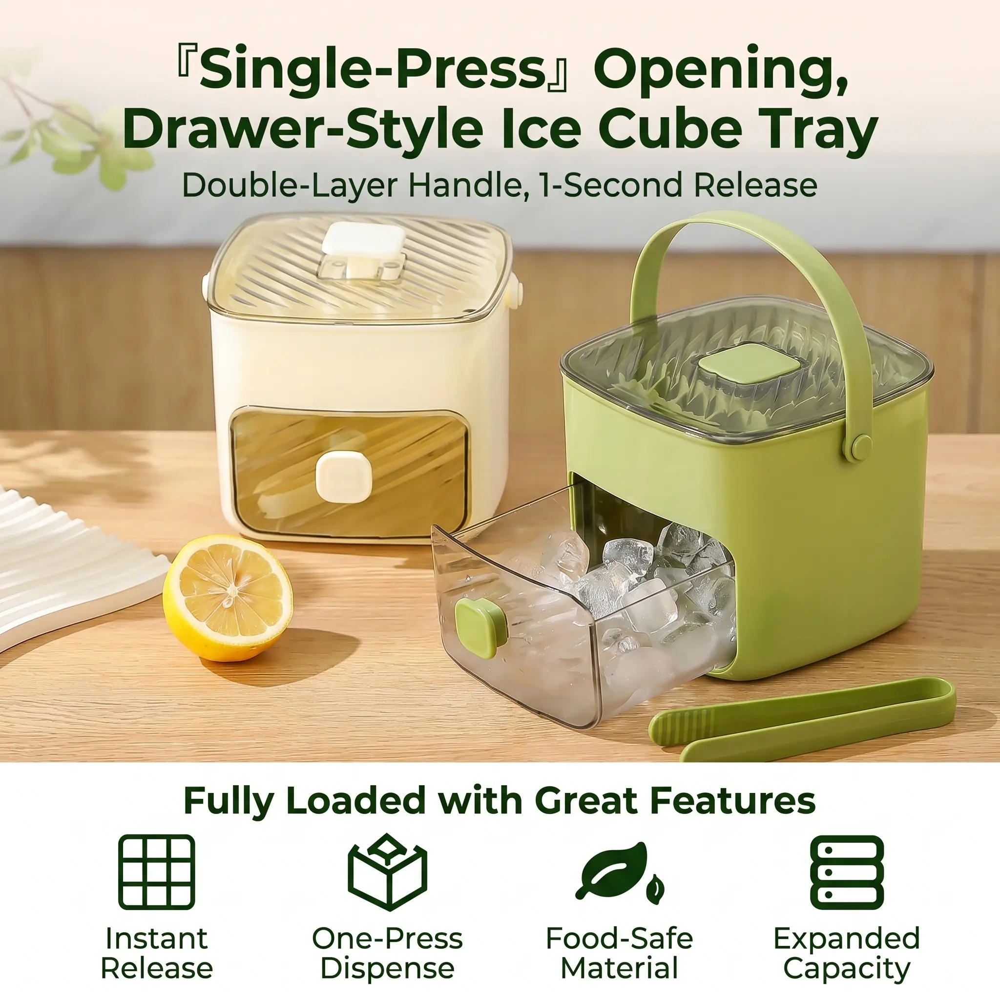 Press-Type Ice Bucket Set, 48-Cell Ice Cube Tray with Lid, Storage Bucket & Ice Tongs, Food-Grade One-Press Ice Mold Maker for Whiskey, Cocktails, Coffee, Soda & Home Bar