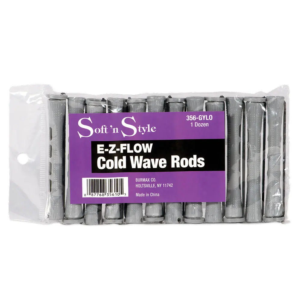 Soft 'N Style Long Perm Rods, 12 Pack Heatless Hair Curling Tool with Elastic Bands & Textured Grip for Tighter Curls, Vented, Grey