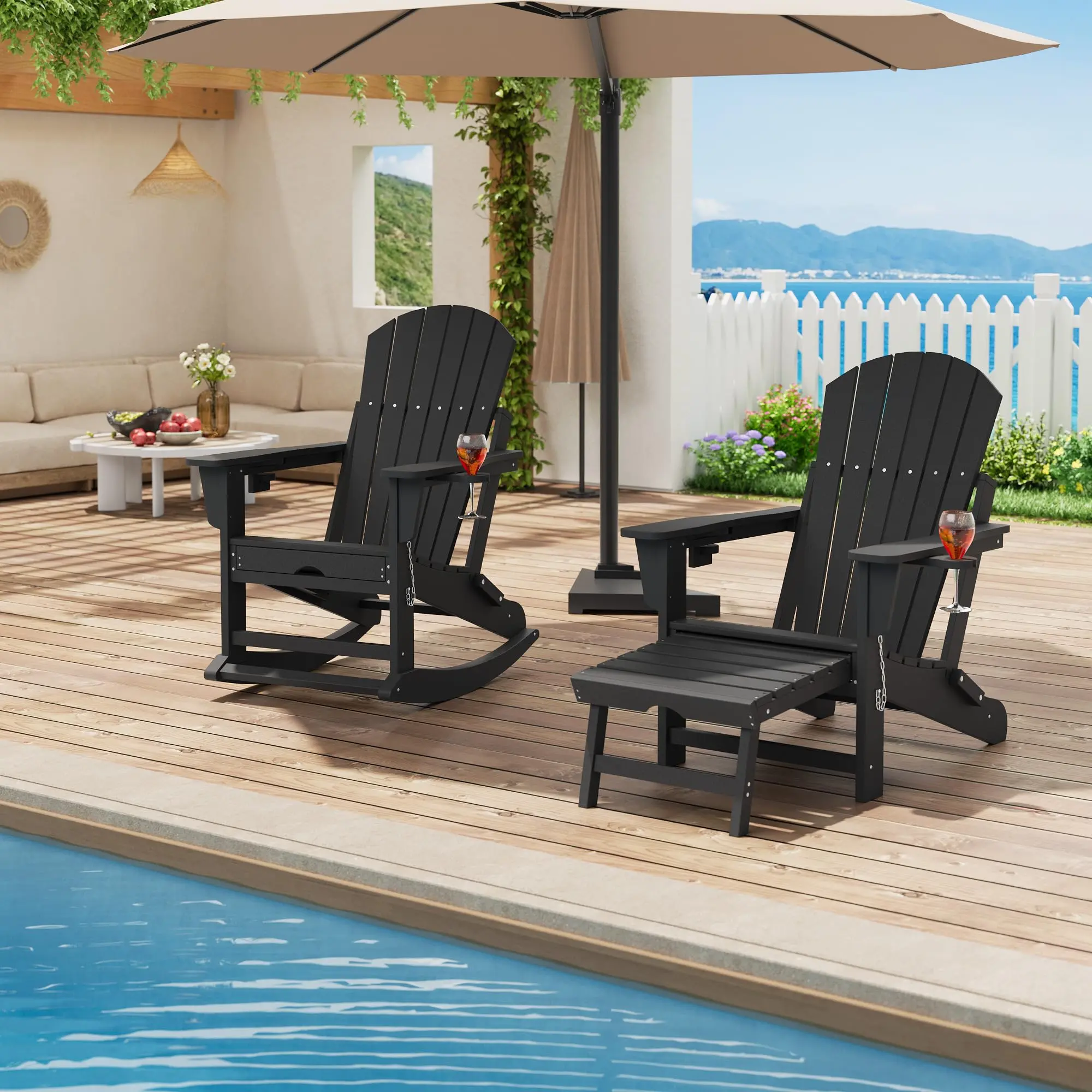 4-in-1 Folding Double Adirondack Rocking Chairs (2-Piece), HDPE Weather Resistant Outdoor Seating with Retractable Footrest, Built-in Cup Holders, Wide Armrests, Heavy Duty Campfire/BBQ Party Garden Chairs for Backyard, Deck, 4-In-1 Folding Chairs