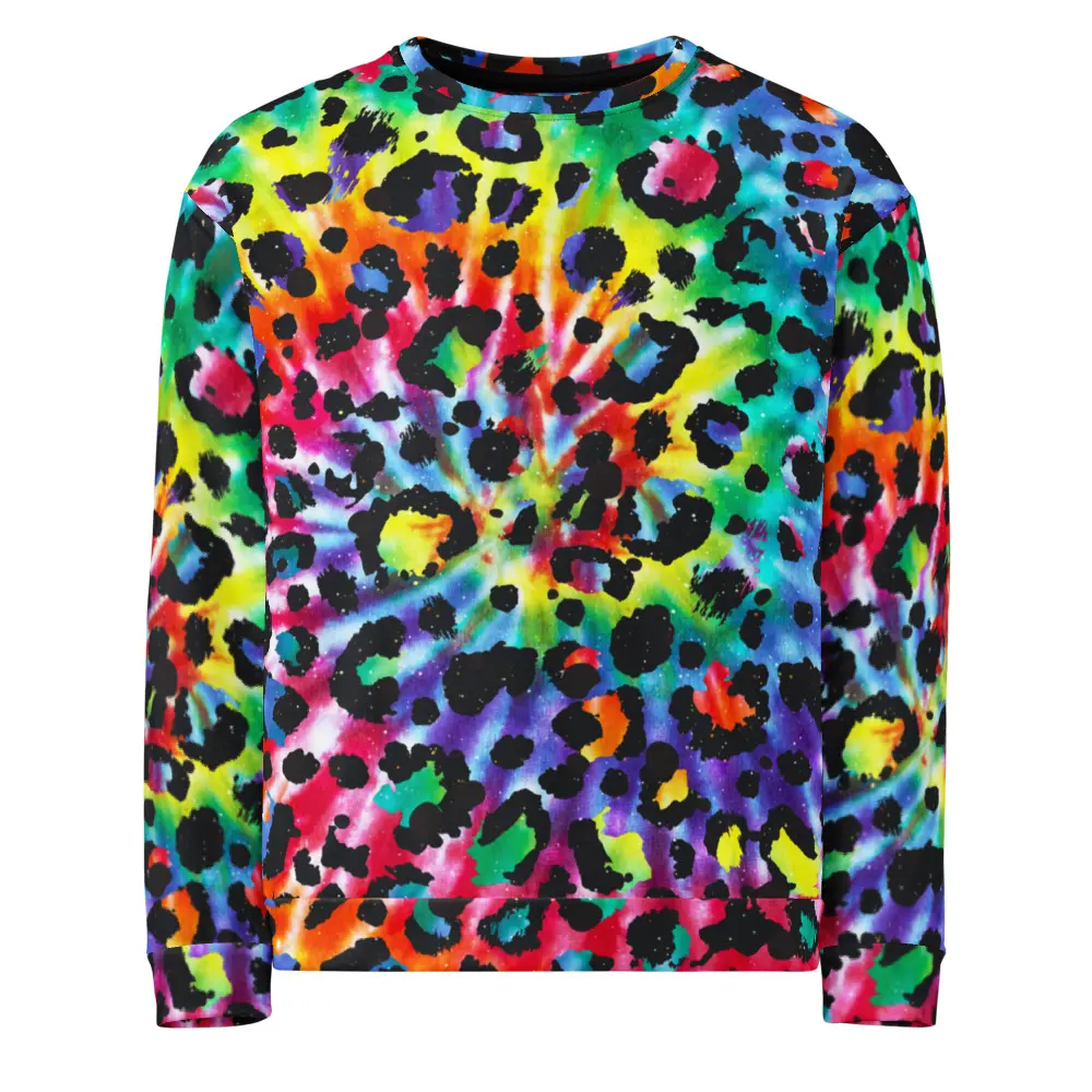 Rainbow Tie Dye Leopard Sweatshirt, Colorful Cheetah Print Crewneck, Vibrant Animal Print Pullover, Unisex Long Sleeve Sweatshirt, Trendy Streetwear Top, Casual Fall Sweater, Gift for Her