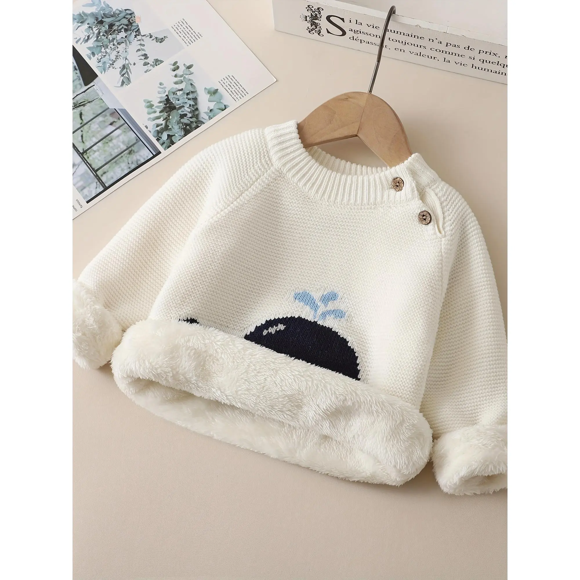 Kids' Unisex Acrylic Knitted Pullover - Animal-Themed Cute Boys' Sweater, Cartoon Whale Design, Thick Fleece-Lined, with Shoulder Buttons, Animal-Themed Boys' Sweaters, Cute Boys' Sweaters