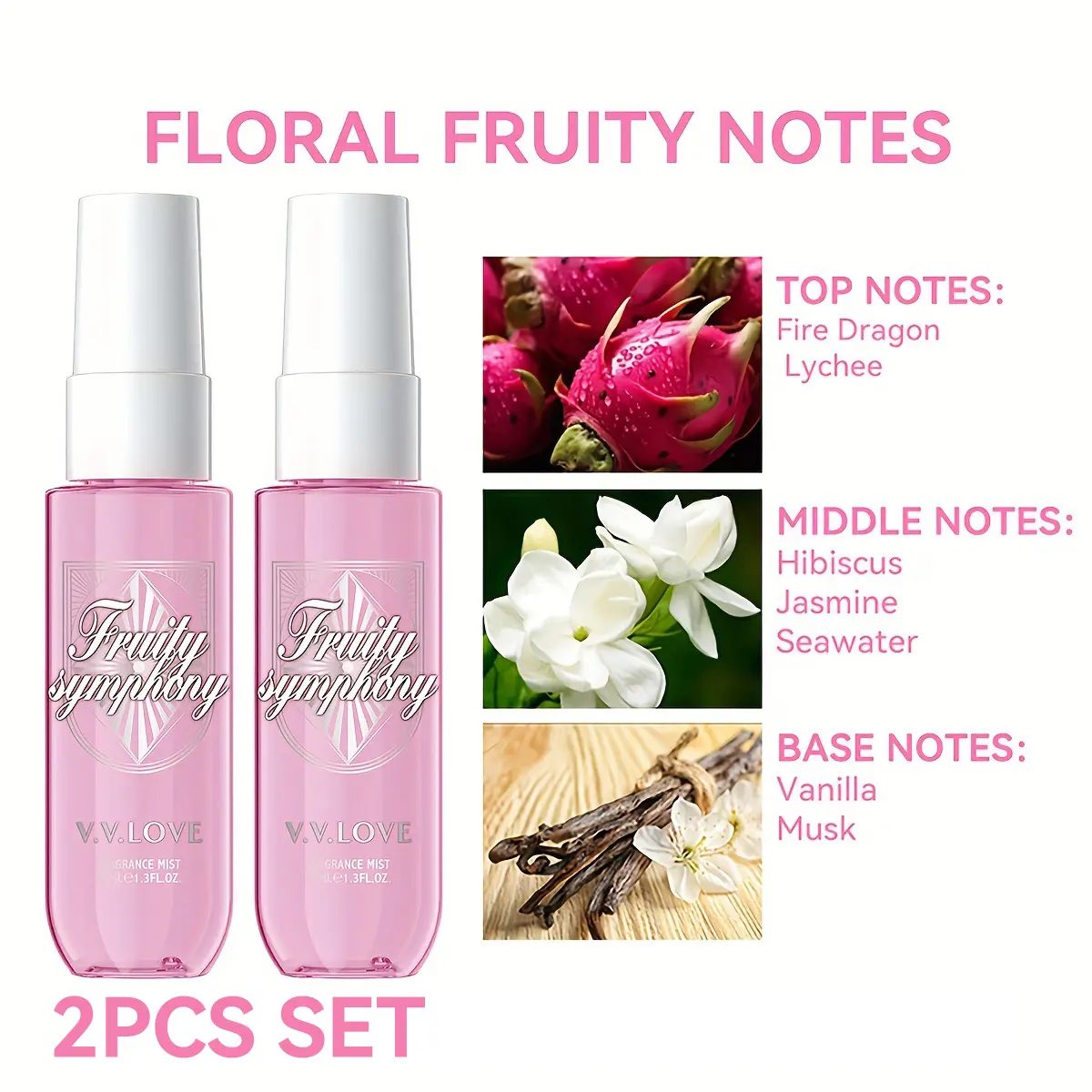 V.V.LOVE Floral Fruity Blend of Dragon Fruit Lychee Jasmine & Vanilla 2-Pack Body Hair Mist Sweet Romantic Perfume for Women