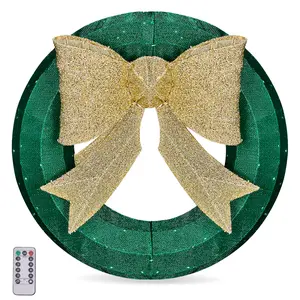 24in Lighted Metal Christmas Wreath, Pre-lit Green Wreath with Gold Bow and Warm White LEDs, Weather Resistant Front Door Gate Wall Holiday Decoration for Home Garden