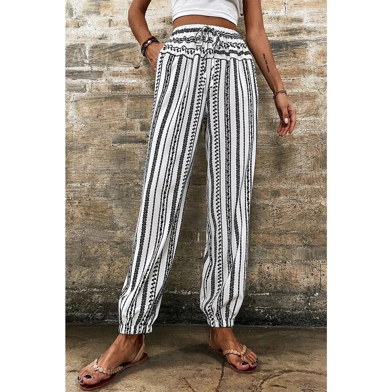 Black Stripe Boho Print Drawstring Elastic Waistband Casual Joggers