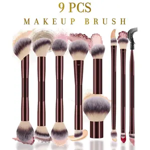 9pcs Facial Makeup Brush Set, including a loose powder brush, a finger foundation brush, a contour brush, a concealer brush, a highlighter brush, a double-ended eyebrow brush and an eyelash curler. It's a makeup tool gift for women and girls.